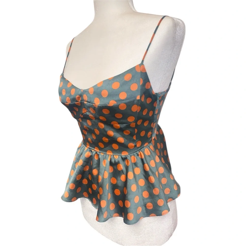 Zara Polka Dot Peplum Cami Top - Green with Orange Dots - Picture 3 of 7